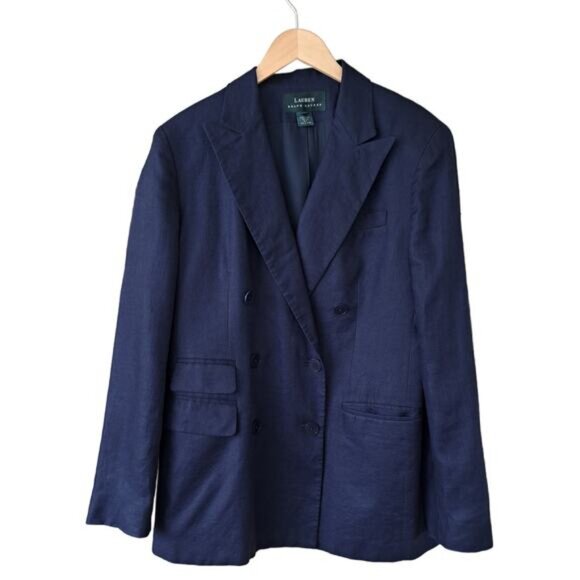 LAUREN Ralph Lauren Navy Linen Double Breasted Blazer Size 6 Relaxed Fit - Picture 7 of 8